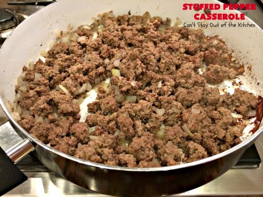 Stuffed Pepper Casserole | Can't Stay Out of the Kitchen | this fantastic #GooseberryPatch #recipe is so delightful. If you enjoyed #StuffedBellPeppers you'll love this #casserole version which uses #HerbStuffingMix instead. Quick & easy to prepare weeknight dinner meal, too. #beef #GroundBeef #BellPeppers #corn #StuffedPepperCasserole