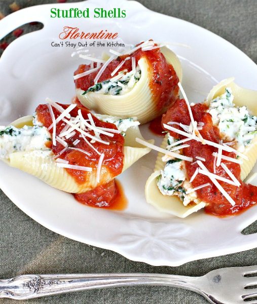 Stuffed Shells Florentine | Can't Stay Out of the Kitchen | these amazing #pasta shells are stuffed with #spinach, #ricotta and #parmesan #cheeses and covered with #Italian #spaghettisauce. #MeatlessMondays