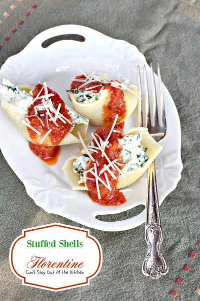 Stuffed Shells Florentine | Can't Stay Out of the Kitchen | these amazing #pasta shells are stuffed with #spinach, #ricotta and #parmesan #cheeses and covered with #Italian #spaghettisauce. #MeatlessMondays
