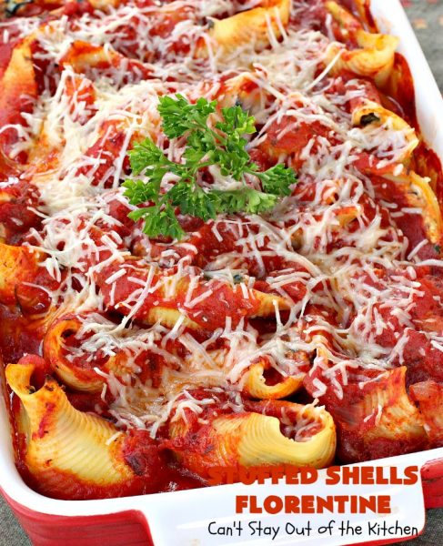 Stuffed Shells Florentine | Can't Stay Out of the Kitchen | We love this fantastic #pasta #recipe. Jumbo shells are stuffed with a #RicottaCheese, #ParmesanCheese & #spinach filling. Then they're baked with #SpaghettiSauce poured over top. More #parmesan is added before serving. Terrific for company too. #MeatlessMondays #StuffedShells