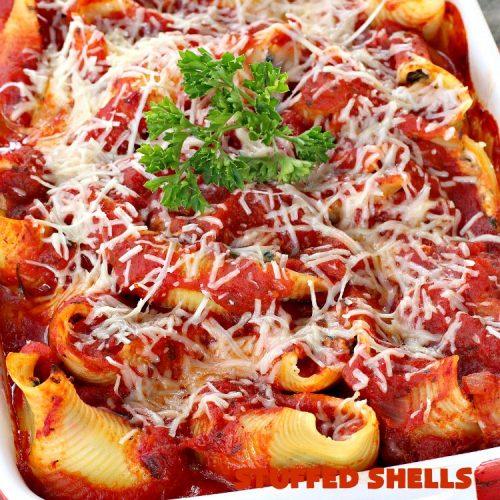 Stuffed Shells Florentine | Can't Stay Out of the Kitchen | We love this fantastic #pasta #recipe. Jumbo shells are stuffed with a #RicottaCheese, #ParmesanCheese & #spinach filling. Then they're baked with #SpaghettiSauce poured over top. More #parmesan is added before serving. Terrific for company too. #MeatlessMondays #StuffedShells