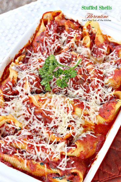 Stuffed Shells Florentine | Can't Stay Out of the Kitchen | these amazing #pasta shells are stuffed with #spinach, #ricotta and #parmesan #cheeses and covered with #Italian #spaghettisauce. #MeatlessMondays