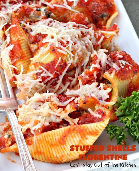 Stuffed Shells Florentine | Can't Stay Out of the Kitchen | We love this fantastic #pasta #recipe. Jumbo shells are stuffed with a #RicottaCheese, #ParmesanCheese & #spinach filling. Then they're baked with #SpaghettiSauce poured over top. More #parmesan is added before serving. Terrific for company too. #MeatlessMondays #StuffedShells