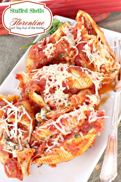 Stuffed Shells Florentine | Can't Stay Out of the Kitchen | these amazing #pasta shells are stuffed with #spinach, #ricotta and #parmesan #cheeses and covered with #Italian #spaghettisauce. #MeatlessMondays