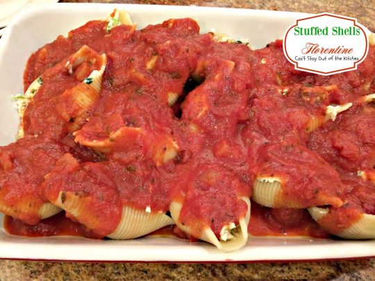 Stuffed Shells Florentine | Can't Stay Out of the Kitchen | these amazing #pasta shells are stuffed with #spinach, #ricotta and #parmesan #cheeses and covered with #Italian #spaghettisauce. #MeatlessMondays