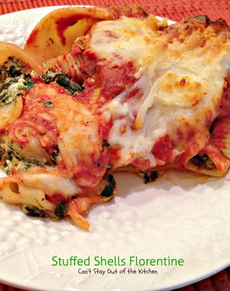 Stuffed Shells Florentine | Can't Stay Out of the Kitchen | these fabulous #stuffedshells are filled with #spinach, #ricotta and #parmesan, covered with marinara sauce and topped with more cheese. Totally delightful. #pasta