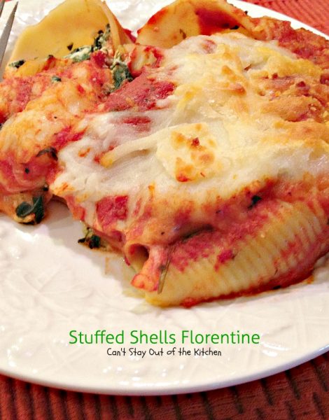 Stuffed Shells Florentine | Can't Stay Out of the Kitchen | these fabulous #stuffedshells are filled with #spinach, #ricotta and #parmesan, covered with marinara sauce and topped with more cheese. Totally delightful. #pasta