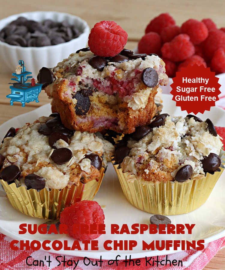 Sugar Free Raspberry Chocolate Chip Muffins | Can't Stay Out of the Kitchen | these delectable #muffins are #SugarFree & #GlutenFree & use #healthy ingredients including #oatmeal #ChocolateChips & #raspberries. Excellent option for #diabetics or those with #Celiac. This #recipe can also be made with regular sugar & flour if you desire. So good for a weekend, company or #holiday #breakfast or #brunch. #SugarFreeRaspberryChocolateChipMuffins