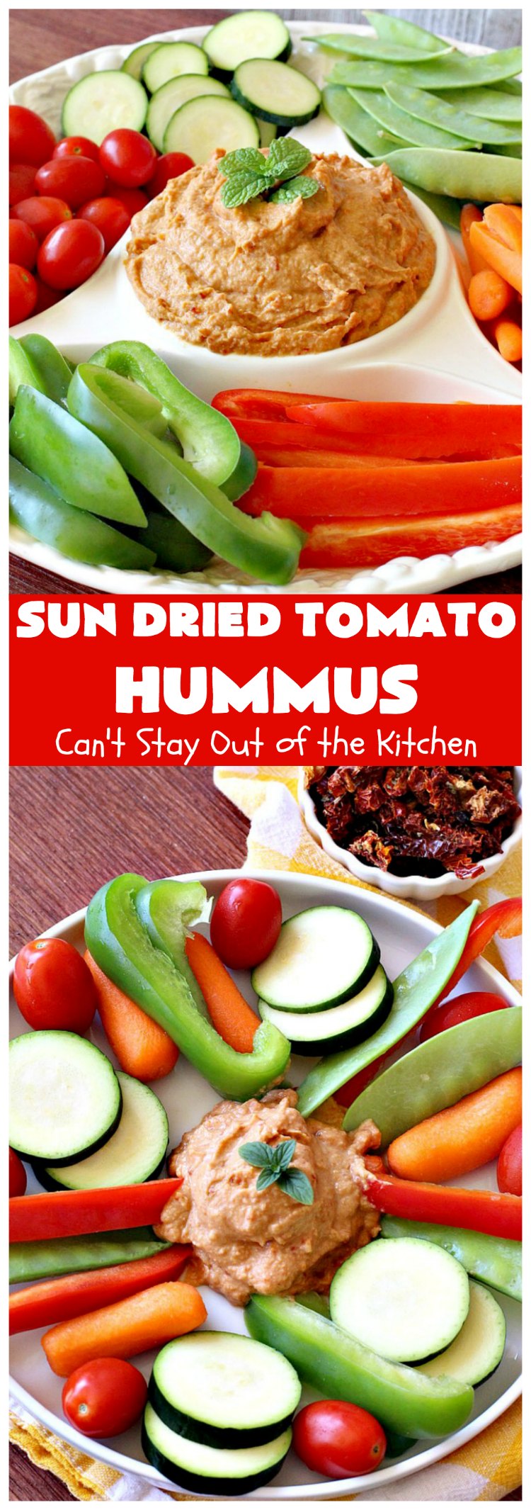 Sun Dried Tomato Hummus | Can't Stay Out of the Kitchen | this #hummus #recipe is fantastic! It includes #SunDriedTomatoes & just a little heat from cayenne pepper. This amazing #appetizer is healthy, low calorie, #GlutenFree & #vegan. Plus it can be whipped up in about 5 minutes! #tailgating #GarbanzoBeans #SunDriedTomatoHummus