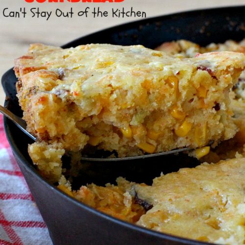 Sweet Mexican Cornbread | Can't Stay Out of the Kitchen | this is one of the best #cornbread #recipes ever! It starts with a #Zatarains honey butter cornbread mix. Add Fiesta #corn, green #chilies & #bacon & you have the most heavenly cornbread you'll ever eat. Perfect side for any soup, stew or chili recipe. #TexMex #SweetMexicanCornbread