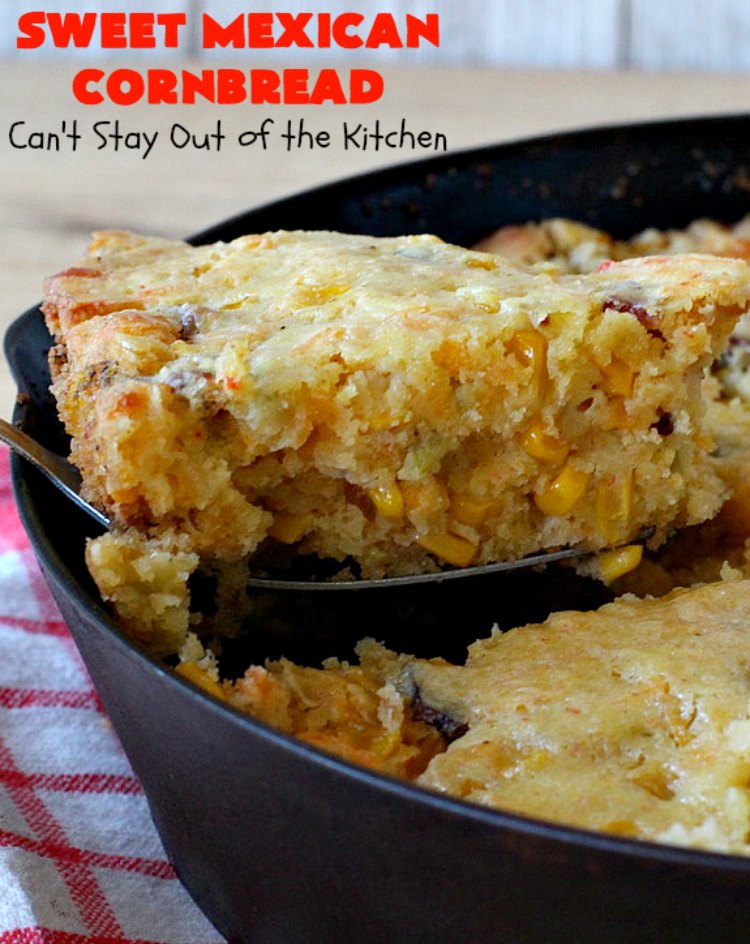 Sweet Mexican Cornbread | Can't Stay Out of the Kitchen | this is one of the best #cornbread #recipes ever! It starts with a #Zatarains honey butter cornbread mix. Add Fiesta #corn, green #chilies & #bacon & you have the most heavenly cornbread you'll ever eat. Perfect side for any soup, stew or chili recipe. #TexMex #SweetMexicanCornbread
