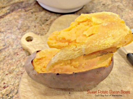 Sweet Potato Bacon Boats | Can't Stay Out of the Kitchen | sensational #sweetpotato recipe is LOADED with #bacon and #cheese. Great for #thanksgiving and #holiday menus. #glutenfree #veggie