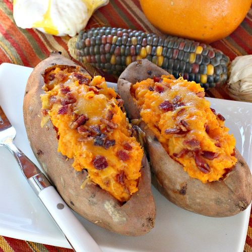Sweet Potato Bacon Boats | Can't Stay Out of the Kitchen | Amazing #sidedish loaded with #bacon & #cheddarcheese. This is my favorite #SweetPotatoes #recipe for #holidays like #Thanksgiving or #Christmas.