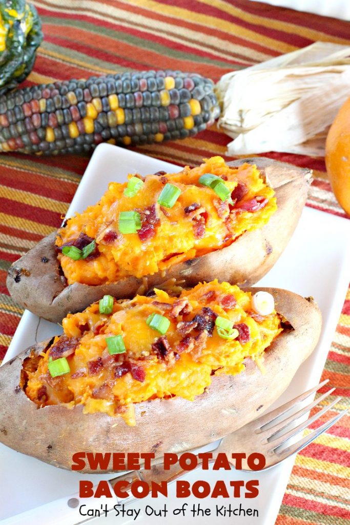 Sweet Potato Bacon Boats | Can't Stay Out of the Kitchen | Amazing #sidedish loaded with #bacon & #cheddarcheese. This is my favorite #SweetPotatoes #recipe for #holidays like #Thanksgiving or #Christmas. 