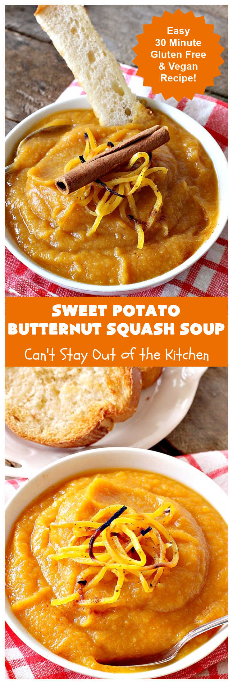 Sweet Potato Butternut Squash Soup | Can't Stay Out of the Kitchen | this delectable 30-minute #soup is amazing comfort food. It's terrific for cold, winter days. It's healthy, #GlutenFree & #vegan. #apples #ButternutSquash #SweetPotatoes #ginger #SweetPotatoSoup #ButternutSquashSoup #SweetPotatoButternutSquashSoup