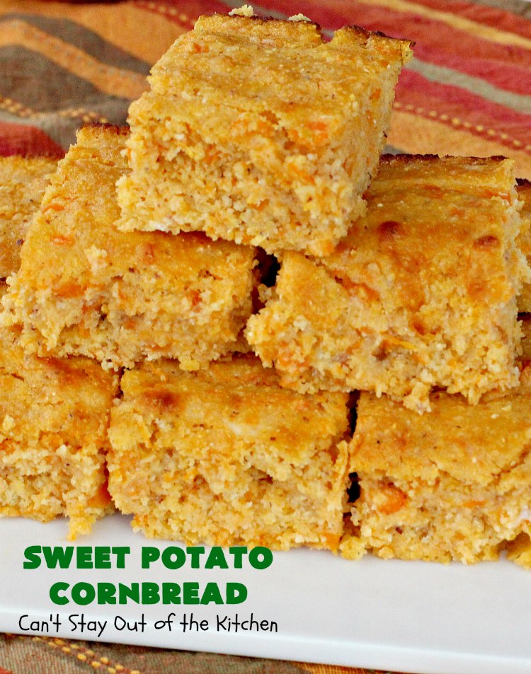 Sweet Potato Cornbread | Can't Stay Out of the Kitchen | this fantastic #cornbread includes #SweetPotatoes for a delightfully #southern spin on traditional cornbread #recipes. This #healthy version is #GlutenFree & #CleanEating. Terrific #SideDish for company or #holiday menus like #FathersDay. We enjoy it for #Breakfast as well as dinner. #SweetPotatoCornbread