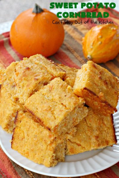 Sweet Potato Cornbread | Can't Stay Out of the Kitchen | this fantastic #cornbread includes #SweetPotatoes for a delightfully #southern spin on traditional cornbread #recipes. This #healthy version is #GlutenFree & #CleanEating. Terrific #SideDish for company or #holiday menus like #FathersDay. We enjoy it for #Breakfast as well as dinner. #SweetPotatoCornbread