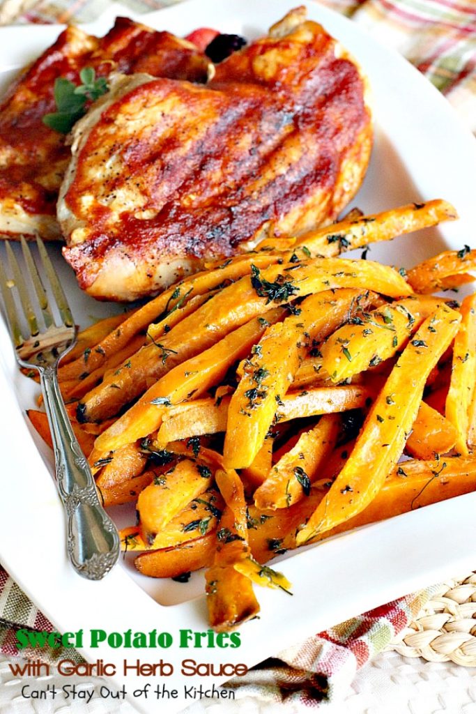 Sweet Potato Fries with Garlic Herb Sauce | Can't Stay Out of the Kitchen | these delectable #sweetpotatoes are a wonderful #sidedish for any meal. Great #holiday #casserole, too. #glutenfree #vegan #cleaneating