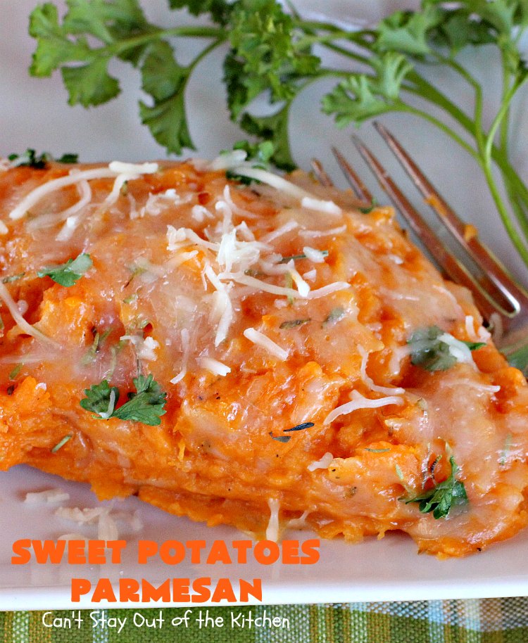 Sweet Potatoes Parmesan | Can't Stay Out of the Kitchen | this is one of our favorite savory #sweetpotato #casseroles. It's filled & topped with #parmesancheese. Great for #Thanksgiving or #Christmas.