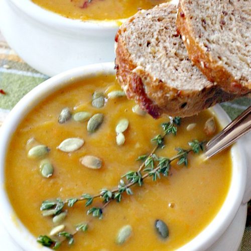 Sweet and Savory Butternut Squash Soup | Can't Stay Out of the Kitchen | this delicious #soup is wonderfully comforting. It's filled with veggies & #butternutsquash for a healthy, clean eating #glutenfree & #vegan recipe you will enjoy down to the last drop!