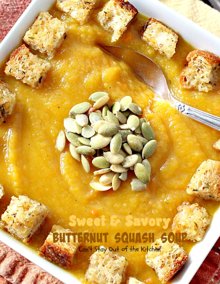 Sweet and Savory Butternut Squash Soup | Can't Stay Out of the Kitchen | this delicious #soup is wonderfully comforting. It's filled with veggies & #butternutsquash for a healthy, clean eating #glutenfree & #vegan recipe you will enjoy down to the last drop!