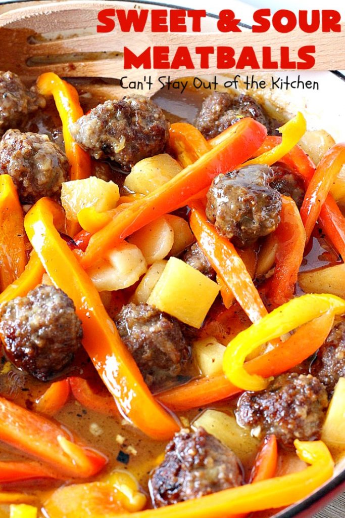 Sweet and Sour Meatballs | Can't Stay Out of the Kitchen | this #meatball entree is awesome! It's made with a delicious sweet & sour sauce & filled with bell peppers, #pineapple & water chestnuts. Served over #rice, this is the perfect weeknight meal. #beef #glutenfree