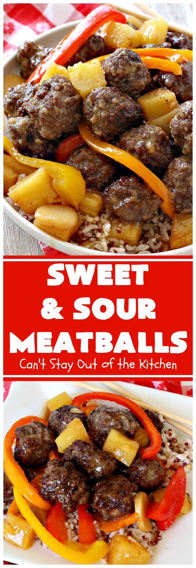 Sweet and Sour Meatballs | Can't Stay Out of the Kitchen | this #meatball entree is awesome! It's made with a delicious sweet & sour sauce & filled with bell peppers, #pineapple & water chestnuts. Served over #rice, this is the perfect weeknight meal. #beef #glutenfree