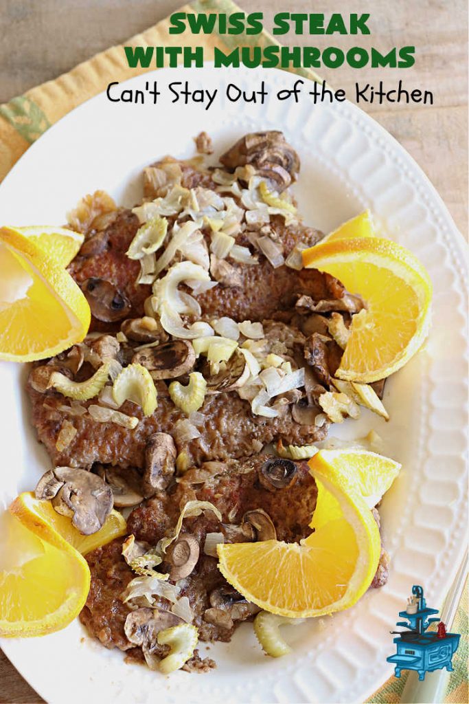 Swiss Steak with Mushrooms | Can't Stay Out of the Kitchen | this delicious #recipe for #SwissSteak is a great way to include #CubeSteaks in your weekly dinner plan. It tenderizes as it bakes in the oven & is perfect with almost any side dish. This quick & easy #beef #entree is sure to become a family favorite! #steak #mushrooms #SwissSteakWithMushrooms