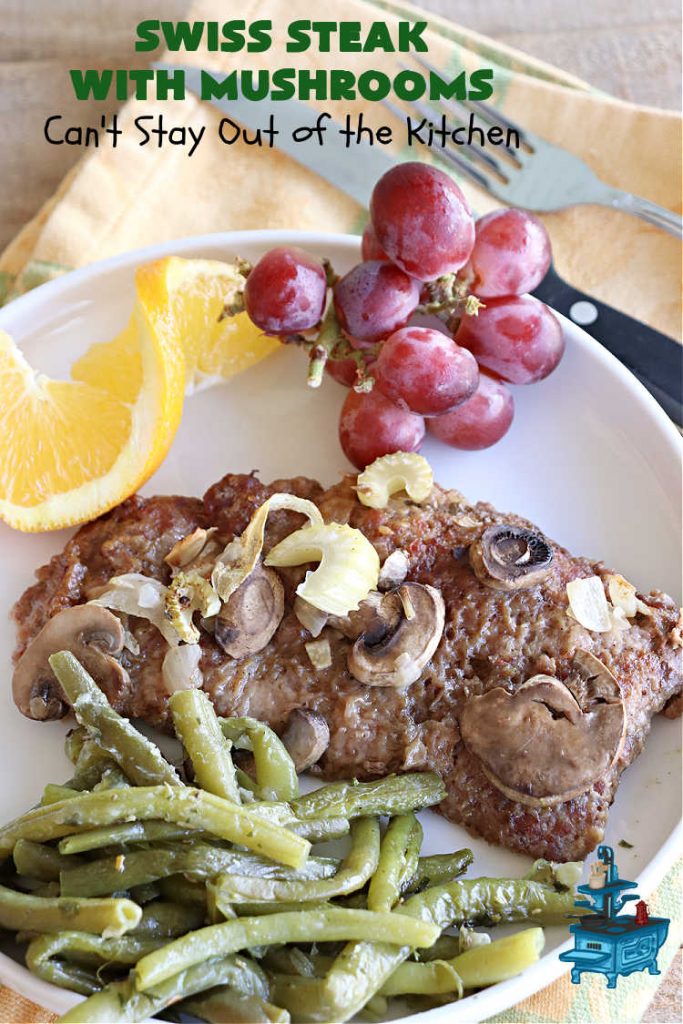 Swiss Steak with Mushrooms | Can't Stay Out of the Kitchen | this delicious #recipe for #SwissSteak is a great way to include #CubeSteaks in your weekly dinner plan. It tenderizes as it bakes in the oven & is perfect with almost any side dish. This quick & easy #beef #entree is sure to become a family favorite! #steak #mushrooms #SwissSteakWithMushrooms