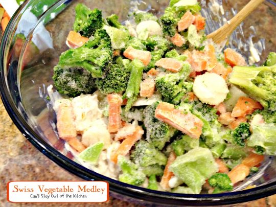 Swiss Vegetable Medley | Can't Stay Out of the Kitchen | this tasty #casserole uses #swisscheese, #creamofmushroomsoup, and #Frenchfriedonions to season broccoli, cauliflower and carrots!