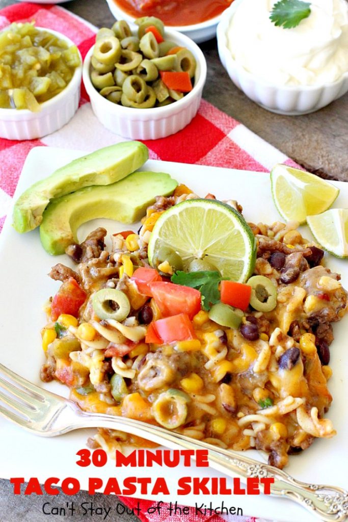 30-Minute Taco Pasta Skillet | Can't Stay Out of the Kitchen | This delicious #TexMex #beef entree includes #glutenfree #pasta, #beans & corn and can be made in about 30 minutes. The toppings make this dish fabulous. It's great for weeknight dinners! #avocados