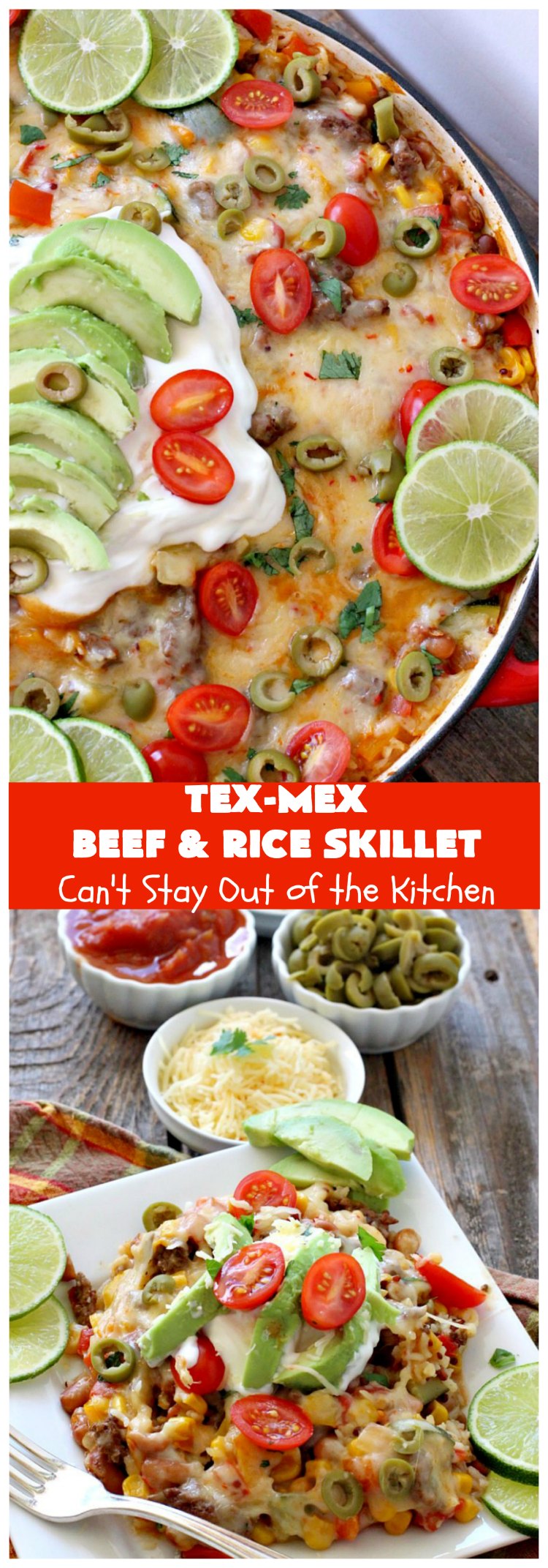 Tex-Mex Beef and Rice Skillet | Can't Stay Out of the Kitchen | this fantastic #TexMex meal takes only 30 minutes to prepare! It's loaded with toppings that add incredible flavor. Filled with healthy veggies, #beans & #rice. #GlutenFree #TexMexBeansAndRiceSkillet