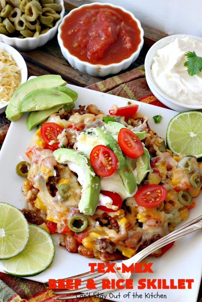 Tex-Mex Beef and Rice Skillet | Can't Stay Out of the Kitchen | this fantastic #TexMex meal takes only 30 minutes to prepare! It's loaded with toppings that add incredible flavor. Filled with healthy veggies, #beans & #rice. #glutenfree