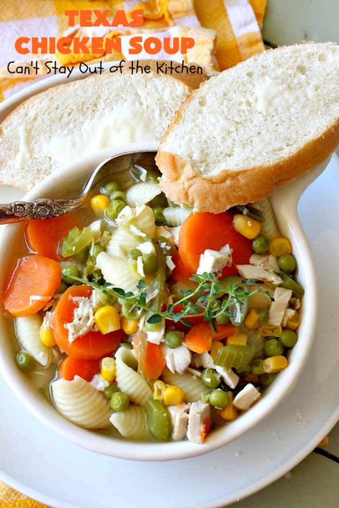 Texas Chicken Soup | Can't Stay Out of the Kitchen | this is a fabulous take off on #ChickenSoup with a little bit of #Texas #HotSauce thrown in to spice it up. Terrific comfort food meal for the fall. #chicken #soup #carrots #corn #noodles #peas #pasta #GreenBeans #TexasChickenSoup