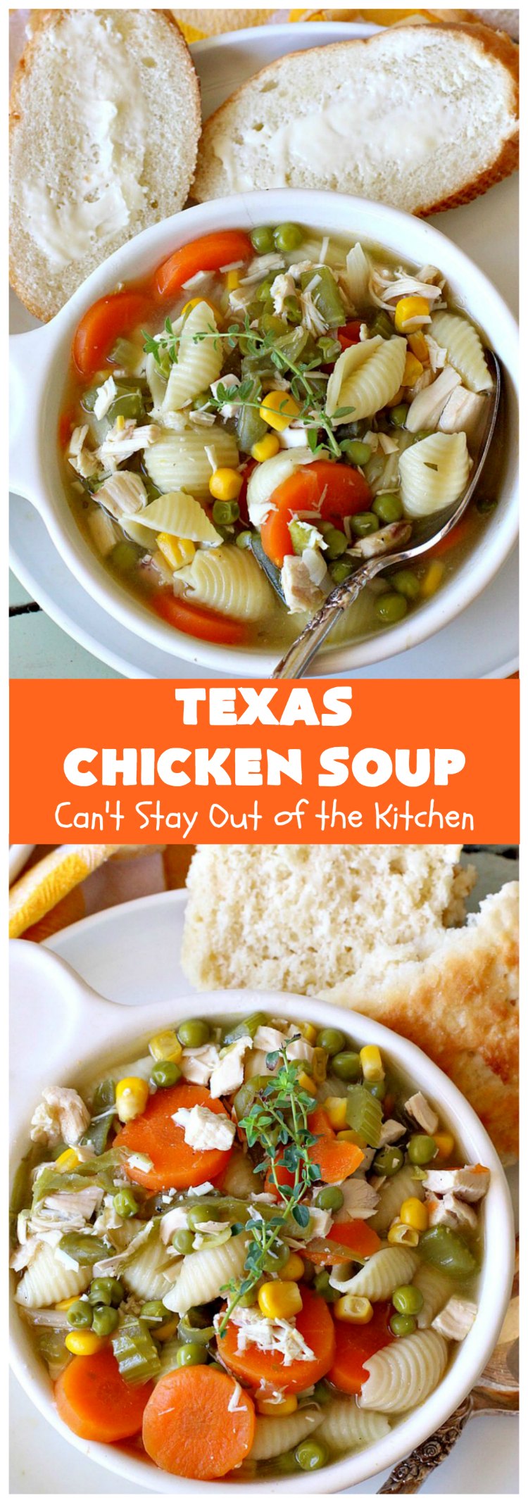 Texas Chicken Soup | Can't Stay Out of the Kitchen | this is a fabulous take off on #ChickenSoup with a little bit of #Texas #HotSauce thrown in to spice it up. Terrific comfort food meal for the fall. #chicken #soup #carrots #corn #noodles #peas #pasta #GreenBeans #TexasChickenSoup