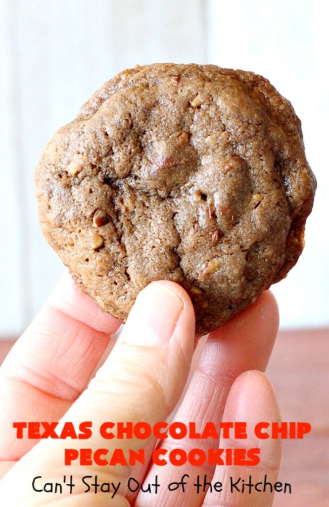 Texas Chocolate Chip Pecan Cookies | Can't Stay Out of the Kitchen | these fantastic #chocolate #cookies are dynamite! They're filled with #ChocolateChips & #pecans. They're soft but crunchy & melt-in-your-mouth good. Great for #holiday #baking & #ChristmasCookieExchanges. #dessert #tailgating #ChocolateDessert #HolidayDessert #HolidayBaking #TexasChocolateChipPecanCookies