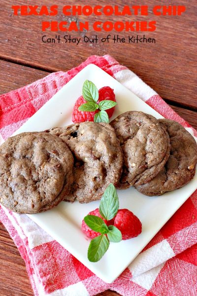 Texas Chocolate Chip Pecan Cookies | Can't Stay Out of the Kitchen | these fantastic #chocolate #cookies are dynamite! They're filled with #ChocolateChips & #pecans. They're soft but crunchy & melt-in-your-mouth good. Great for #holiday #baking & #ChristmasCookieExchanges. #dessert #tailgating #ChocolateDessert #HolidayDessert #HolidayBaking #TexasChocolateChipPecanCookies