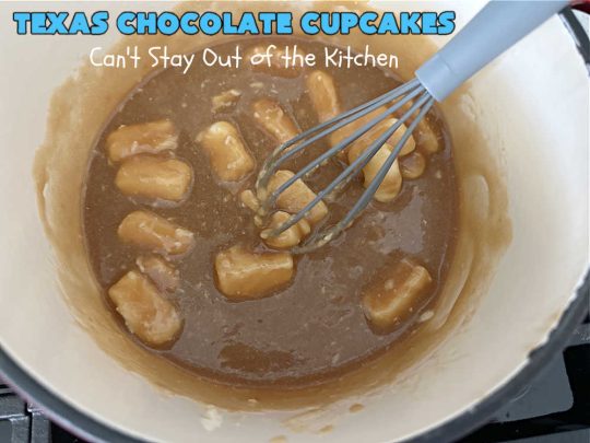 Texas Chocolate Cupcakes | Can't Stay Out of the Kitchen | these sensational #chocolate #cupcakes include homemade #caramel frosting to die for! You'll be drooling over every bite. Marvelous for #birthdays, #picnics, #potlucks #BackyardBarbecues, #tailgating parties or #grilling out with friends. #Texas #ChocolateDessert #ChocolateCupcakes #TexasChocolateCupcakes
