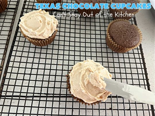 Texas Chocolate Cupcakes | Can't Stay Out of the Kitchen | these sensational #chocolate #cupcakes include homemade #caramel frosting to die for! You'll be drooling over every bite. Marvelous for #birthdays, #picnics, #potlucks #BackyardBarbecues, #tailgating parties or #grilling out with friends. #Texas #ChocolateDessert #ChocolateCupcakes #TexasChocolateCupcakes
