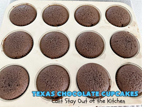 Texas Chocolate Cupcakes | Can't Stay Out of the Kitchen | these sensational #chocolate #cupcakes include homemade #caramel frosting to die for! You'll be drooling over every bite. Marvelous for #birthdays, #picnics, #potlucks #BackyardBarbecues, #tailgating parties or #grilling out with friends. #Texas #ChocolateDessert #ChocolateCupcakes #TexasChocolateCupcakes