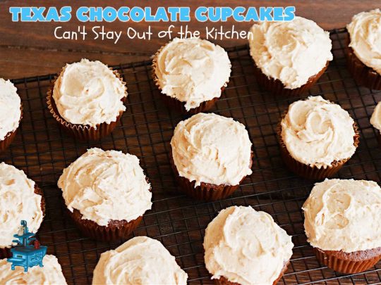 Texas Chocolate Cupcakes | Can't Stay Out of the Kitchen | these sensational #chocolate #cupcakes include homemade #caramel frosting to die for! You'll be drooling over every bite. Marvelous for #birthdays, #picnics, #potlucks #BackyardBarbecues, #tailgating parties or #grilling out with friends. #Texas #ChocolateDessert #ChocolateCupcakes #TexasChocolateCupcakes