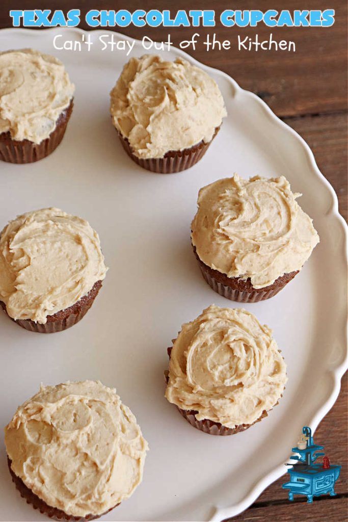Texas Chocolate Cupcakes | Can't Stay Out of the Kitchen | these sensational #chocolate #cupcakes include homemade #caramel frosting to die for! You'll be drooling over every bite. Marvelous for #birthdays, #picnics, #potlucks #BackyardBarbecues, #tailgating parties or #grilling out with friends. #Texas #ChocolateDessert #ChocolateCupcakes #TexasChocolateCupcakes