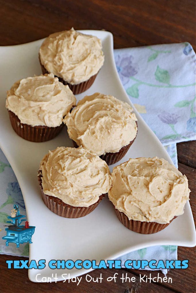 Texas Chocolate Cupcakes | Can't Stay Out of the Kitchen | these sensational #chocolate #cupcakes include homemade #caramel frosting to die for! You'll be drooling over every bite. Marvelous for #birthdays, #picnics, #potlucks #BackyardBarbecues, #tailgating parties or #grilling out with friends. #Texas #ChocolateDessert #ChocolateCupcakes #TexasChocolateCupcakes