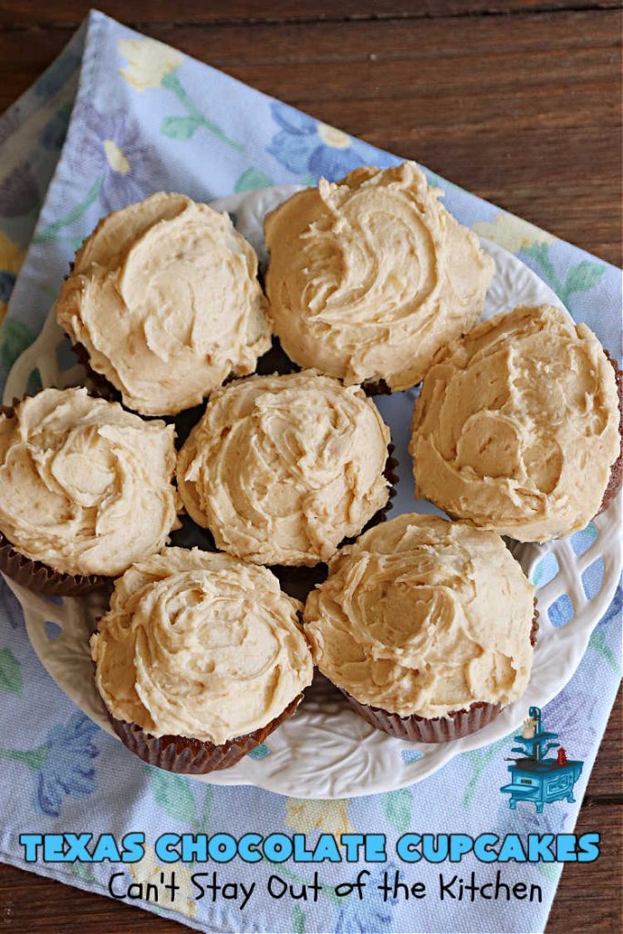 Texas Chocolate Cupcakes | Can't Stay Out of the Kitchen | these sensational #chocolate #cupcakes include homemade #caramel frosting to die for! You'll be drooling over every bite. Marvelous for #birthdays, #picnics, #potlucks #BackyardBarbecues, #tailgating parties or #grilling out with friends. #Texas #ChocolateDessert #ChocolateCupcakes #TexasChocolateCupcakes