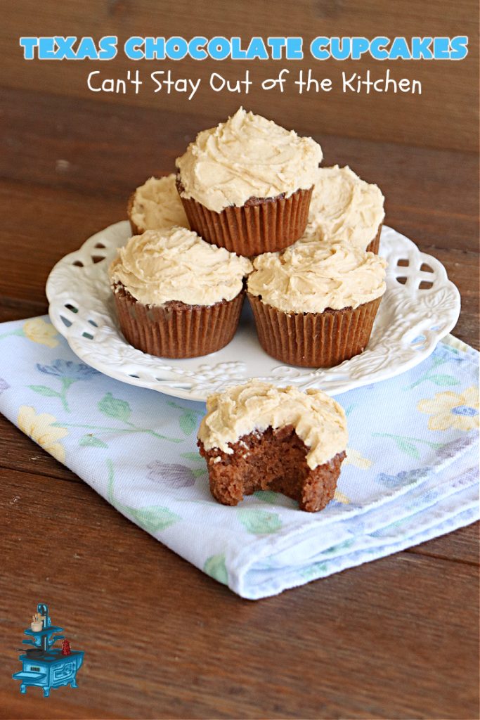 Texas Chocolate Cupcakes | Can't Stay Out of the Kitchen | these sensational #chocolate #cupcakes include homemade #caramel frosting to die for! You'll be drooling over every bite. Marvelous for #birthdays, #picnics, #potlucks #BackyardBarbecues, #tailgating parties or #grilling out with friends. #Texas #ChocolateDessert #ChocolateCupcakes #TexasChocolateCupcakes