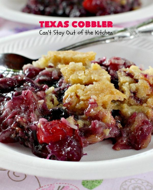 Texas Cobbler | Can't Stay Out of the Kitchen | amazing #dumpcake with #blueberry & #cherry pie fillings, #pineapple, coconut & #almonds. Favorite summer #dessert