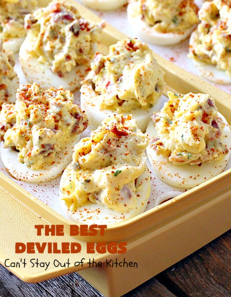 The BEST Deviled Eggs | Can't Stay Out of the Kitchen | my Mom's fabulous recipe. These have a secret ingredient: #bacon! Perfect for the #FourthofJuly & other #holiday fun. #eggs #glutenfree