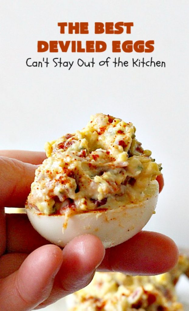 The BEST Deviled Eggs | Can't Stay Out of the Kitchen | my Mom's fabulous recipe. These have a secret ingredient: #bacon! Perfect for the #FourthofJuly & other #holiday fun. #eggs #glutenfree
