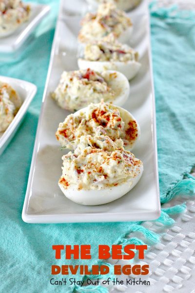 The BEST Deviled Eggs | Can't Stay Out of the Kitchen | my Mom's fabulous recipe. These have a secret ingredient: #bacon! Perfect for the #FourthofJuly & other #holiday fun. #eggs #glutenfree