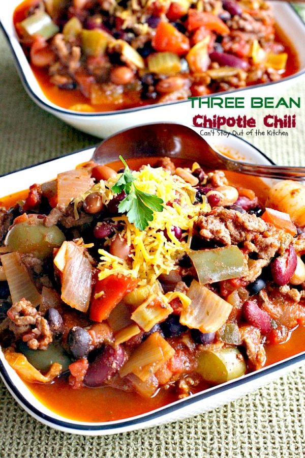Three Bean Chipotle Chili | Can't Stay Out of the Kitchen | this fabulous #chili is great for #tailgating parties, yet it's healthy, #clean-eating & #glutenfree. Uses three kinds of #beans and lean #groundbeef. #chipotlepeppers in Adobo Sauce makes it sizzle! #soup